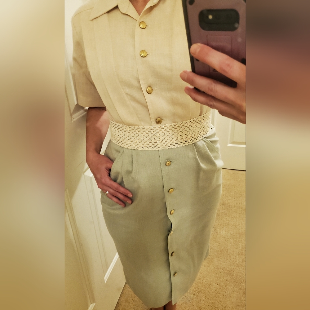 Vintage Cream and Soft Green Button-Down Midi Dress